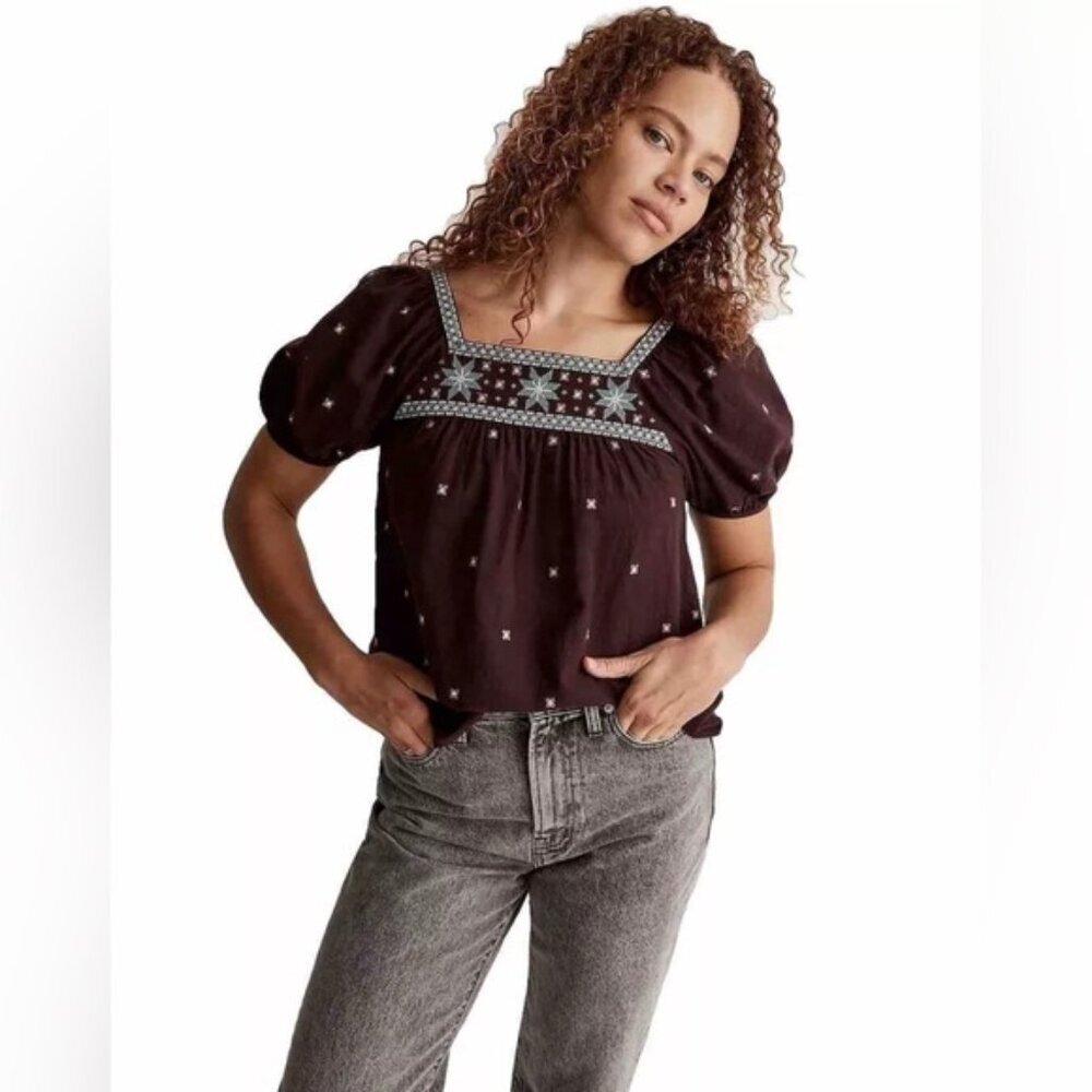 NWT MADEWELL Embroidered Crinkle Cotton Bubble Sleeve Top Size S
